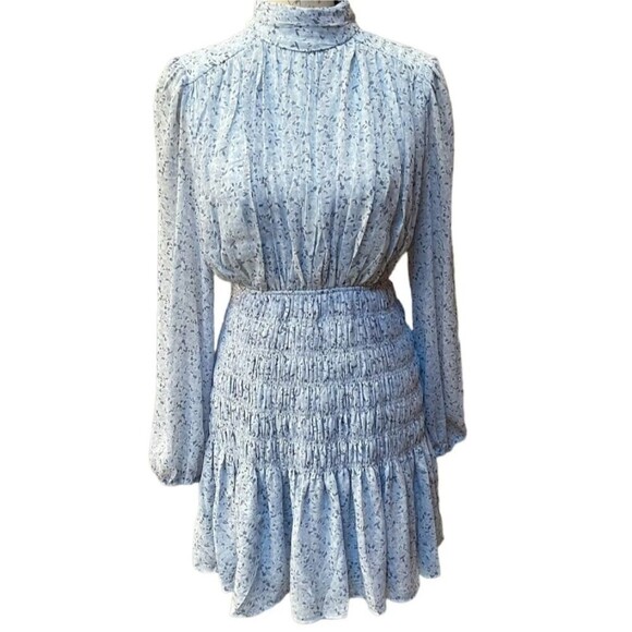 House of Harlow 1960/Revolve Floral Smocked Ruffle High Neck Mini Dress in Blue - Picture 1 of 11